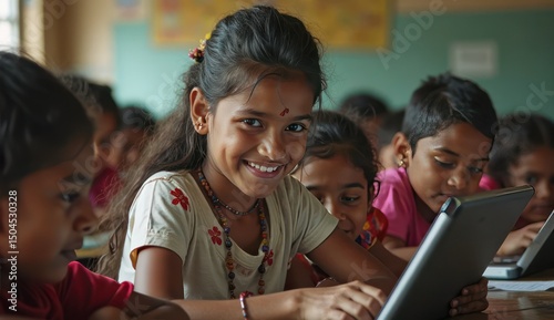 indian school lesson with technology in classroom