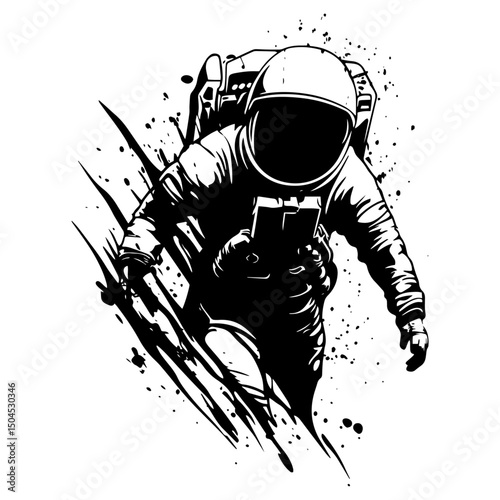astronaut in motion with dynamic black and white ink style