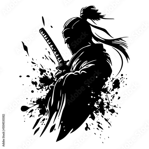 samurai with katana in dynamic black and white ink silhouette