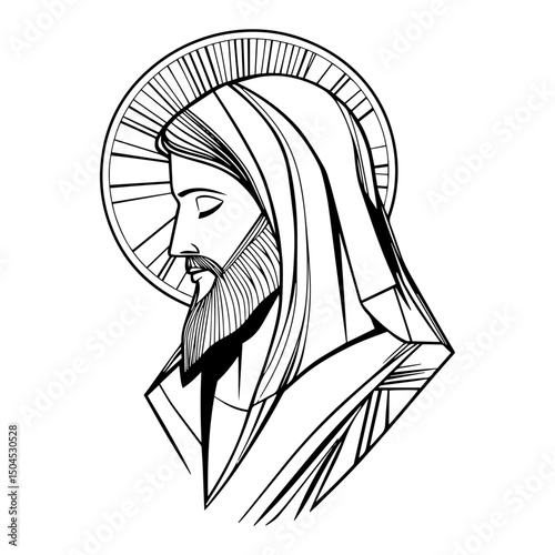 minimal line art portrait of jesus with stylized halo