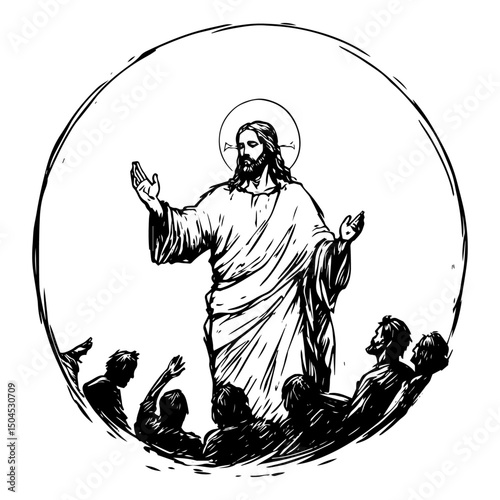 jesus teaching disciples in circular black and white sketch