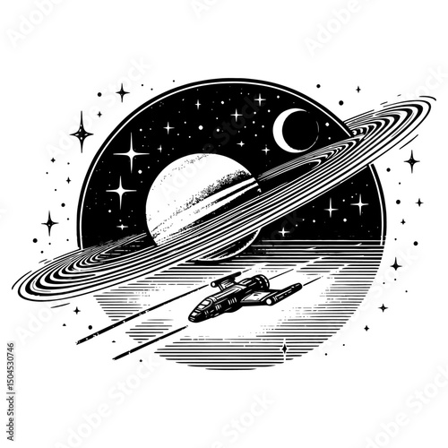 spaceship flying near saturn in retro black and white vector style