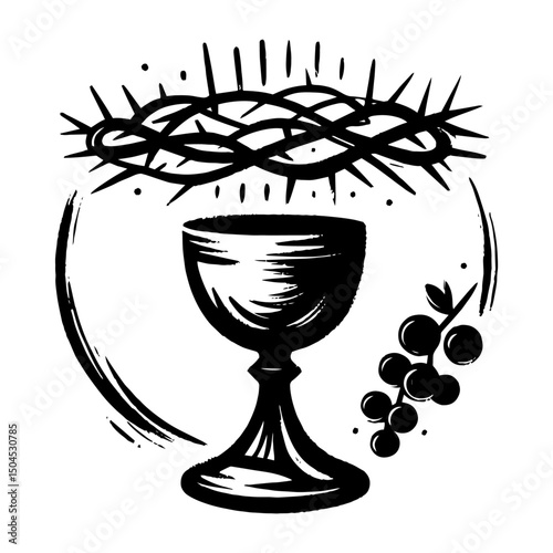 chalice with crown of thorns and grapes in symbolic religious vector