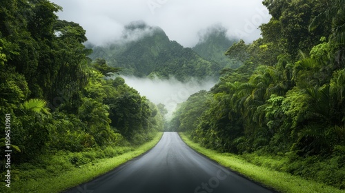 Serene jungle road surrounded by lush greenery and misty mountains