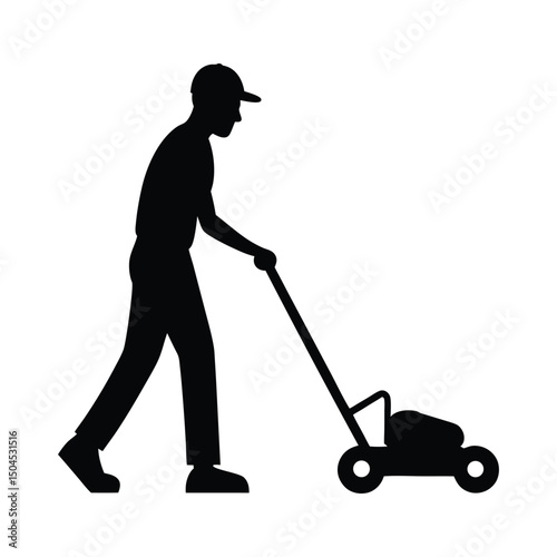 silhouette of man mowing lawn with push mower
