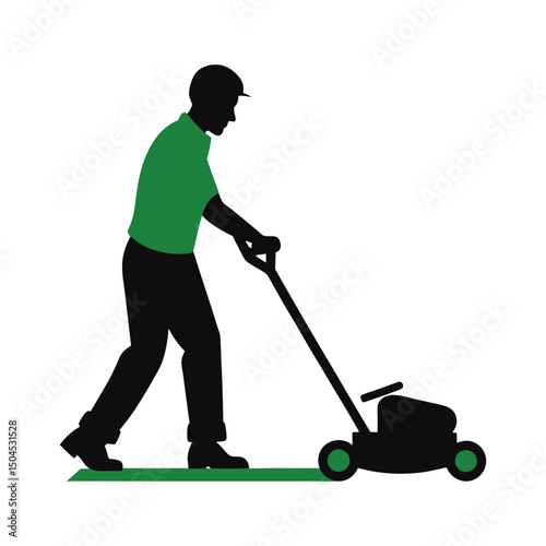 silhouette of man mowing lawn with push mower