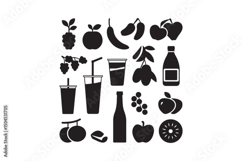 Fruit and Juice Icon Set Black Silhouette Vector of Fresh Fruits, Drinks, and Bottles