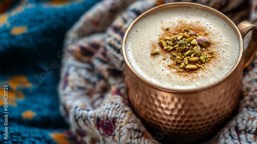 Warm golden milk latte with pistachios, a cozy autumnal treat on a blanket