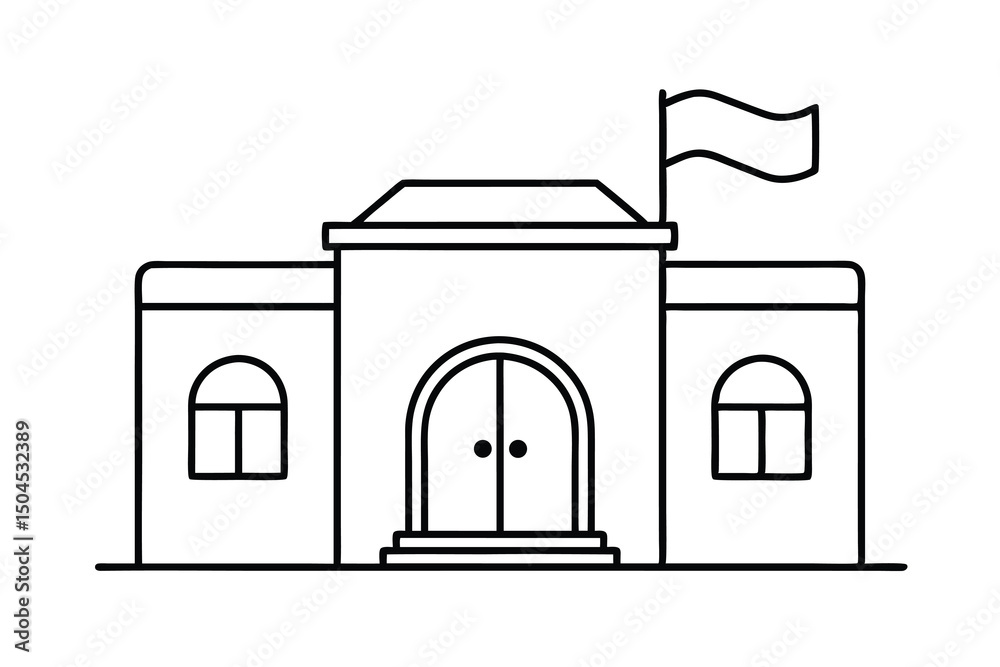 Fototapeta premium Simple line drawing of a school building with flag