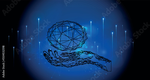 AI hand holding a globe with blue lines