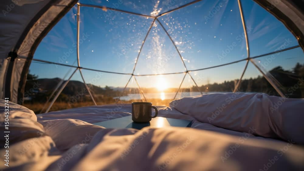Cozy glamping dome interior: coffee mug on bed table with stunning sunrise lake view. Luxury camping, nature retreat, hygge lifestyle, digital detox travel concept. 4K video footage.