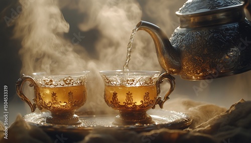 Elegant tea pouring ritual with ornate teapot and glass cups amidst swirling steam