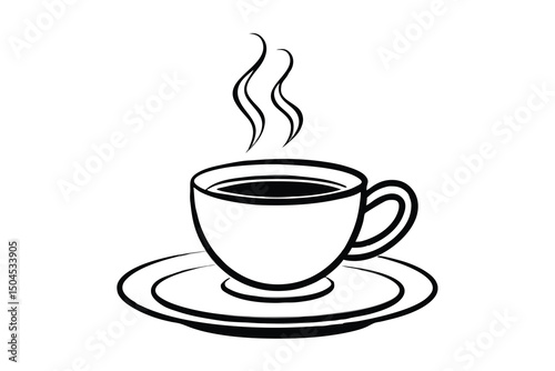 A steaming cup of coffee on a saucer simple line art illustration