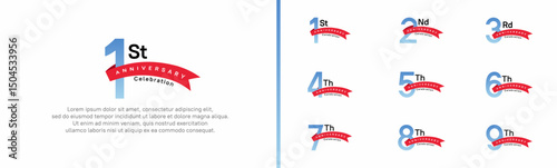 set of anniversary logo style red ribbon. vector design blue color for celebration