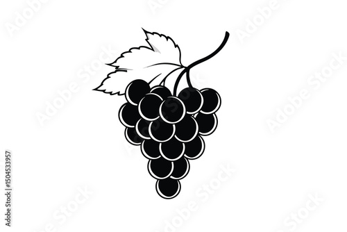 Black and white illustration of a grape bunch with leaf