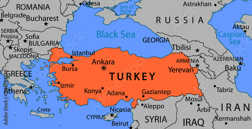 Vector turkey with cities on political world map. 
Fragment of south europe region with 
turkey, georgia, bulgaria, romania, greece,
crete, cyprus, macedonia, azerbaijan, armenia, 
iran, iraq, syria.