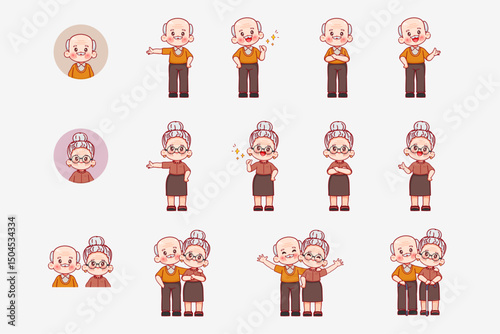 Cute cartoon group of happy elderly people character design. Grandparents day. Elderly or senior character. Vector premium.