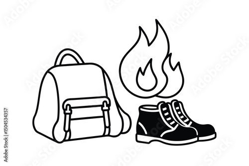 Backpack boots burning flames campfire hiking adventure