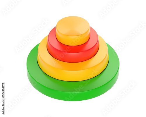 3D Colorful Stacked Rings Icon with Green, Yellow, and Red Layers for Organization and Hierarchy Representation