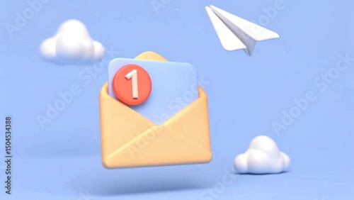 3D Yellow Envelope Icon with Red Notification Number and Paper Airplane Against Blue Sky for Email Communication