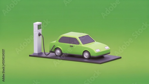 3D Green Electric Car Icon with Charging Station on Platform for Eco-Friendly Transportation and Sustainable Energy