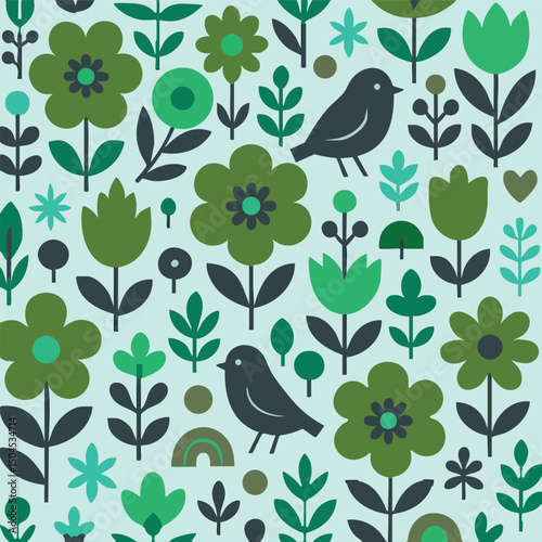 Folk Flower and Bird Scandi Print Design in Vector