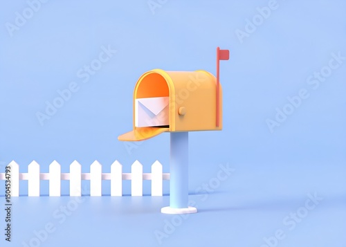 Cute 3D Icon Yellow Mailbox with Letter and White Picket Fence for Email Communication and Notification Design