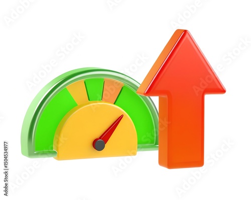 Dynamic 3D Speedometer Icon with Red Upward Arrow for Performance Growth and Optimization Designs