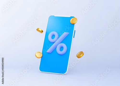 Modern 3D Smartphone Icon with Percentage Sign and Gold Coins for Finance and Discount Promotion Designs