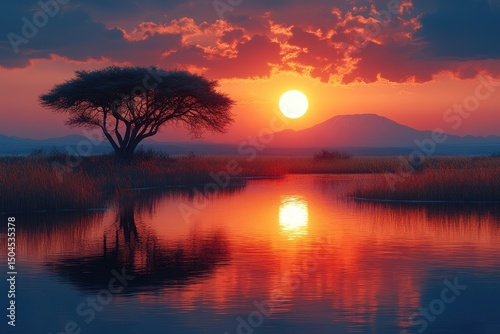 Spectacular sunset over tranquil water with solitary tree and distant hills in serene landscape