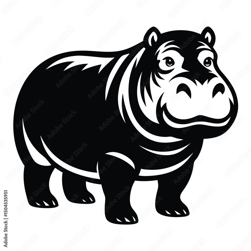 Fototapeta premium Silhouette of Hippo, Funny Hippo Vector Illustration Cartoons, Clipart, Line Art Design on White Background