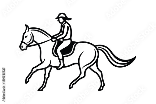 Equestrian rider horseback riding galloping black white illustration