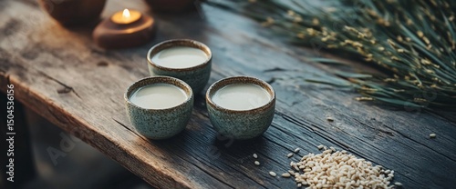 Traditional Korean Makgeolli Served in Ceramic Cups with Rice on Wooden Table