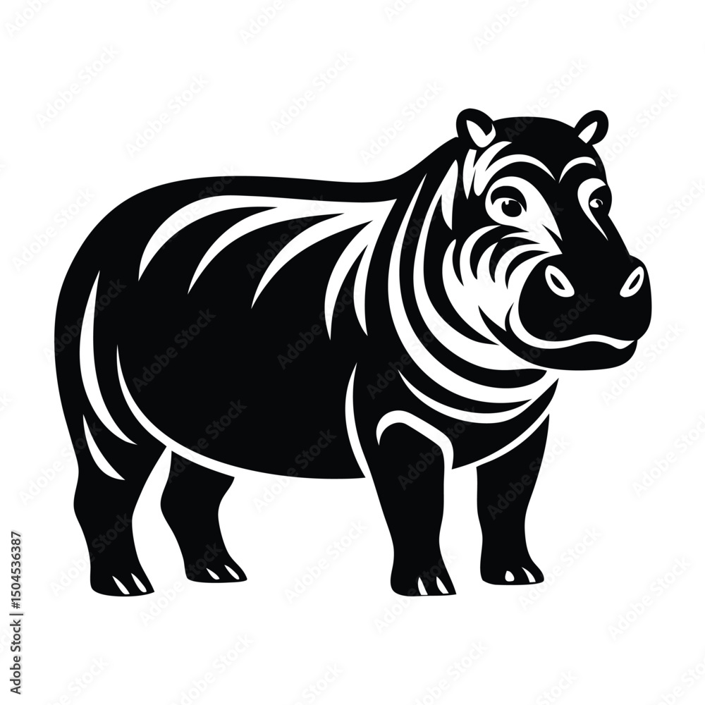 Fototapeta premium Silhouette of Hippo, Funny Hippo Vector Illustration Cartoons, Clipart, Line Art Design on White Background