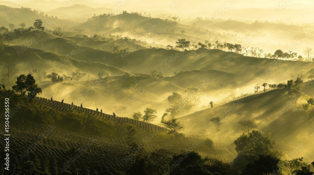 Obraz premium Misty mountain landscape at sunrise