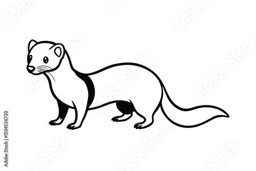 Adorable cartoon ferret standing side profile black white illustration
