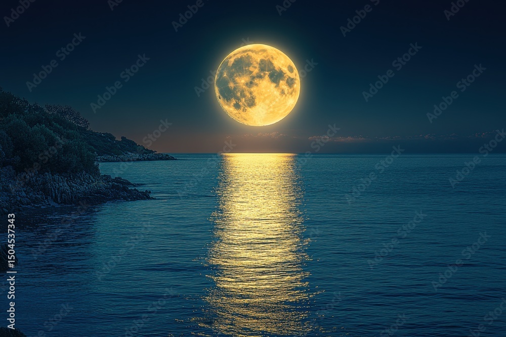 Fototapeta premium Moonlight reflects on calm ocean waters creating a serene evening atmosphere near the coastline