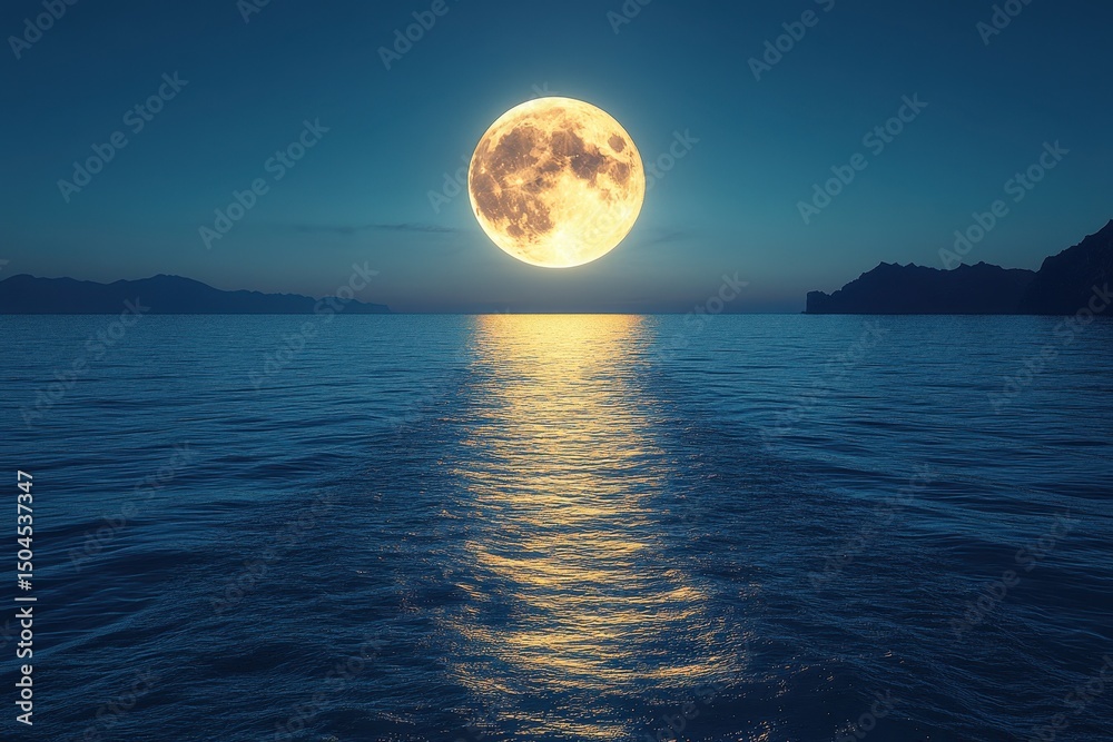 Fototapeta premium Bright full moon illuminated over calm ocean waters during twilight hours near distant mountains