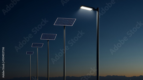 Row of solar-powered street lights at twilight, offering a sustainable lighting solution and renewable energy.