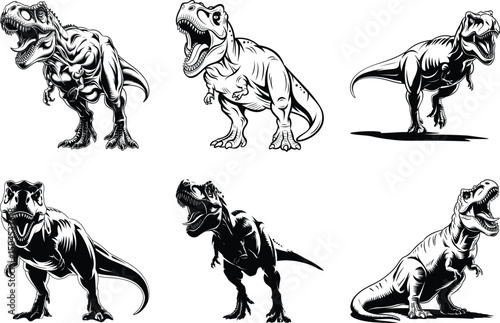 T-rex Set of Silhouette Bundle, dinosaur svg of tyrannosaurus Vector Art and White Background. Dinosaur Illustration.