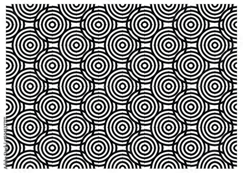 Abstract black and white geometric circle pattern. Optical illusion seamless design pattern overlapping circles with concentric rings.
