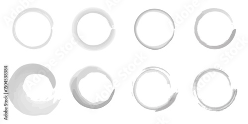 Circular ink brush stroke for design elements. Dirty hand drawn inky line circles collection for graphic design, greeting cards and banner decoration. Grunge Round Enso Set. Set of circle frames with