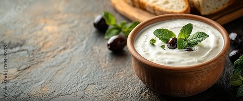 Delicious tzatziki dip in terracotta bowl with olives and mint leaves detail