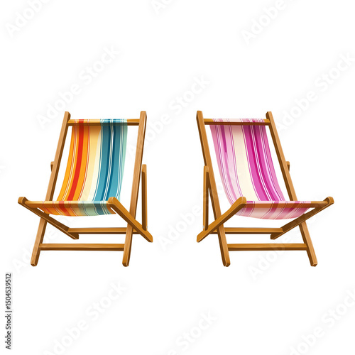 Two wooden deck chairs with striped, colorful fabric, on a Transparent background