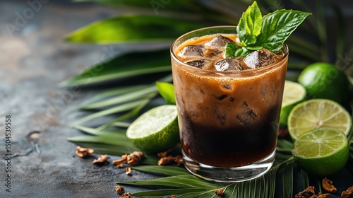 Refreshing dark rum cocktail with lime and mint on a tropical backdrop scenery