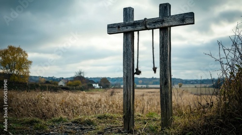 The gibbet is weathered and worn, its dark wood standing as a somber piece of the townâ€™s history