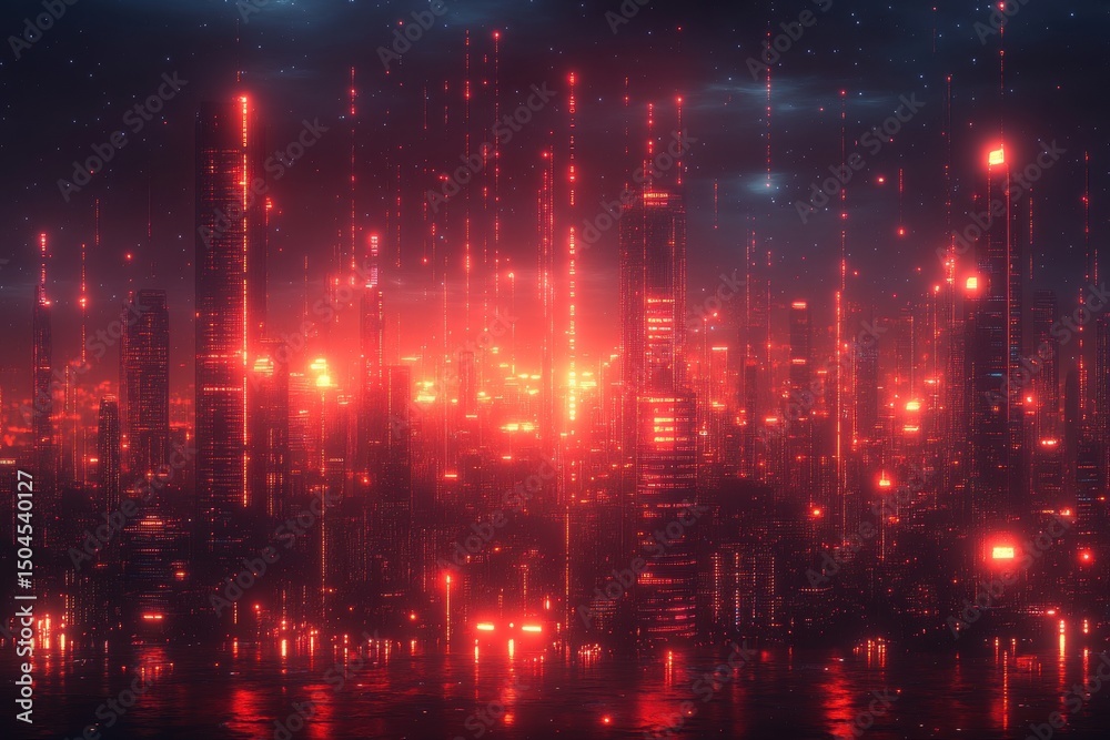 Obraz premium Futuristic city skyline illuminated by bright red lights against a dark night sky