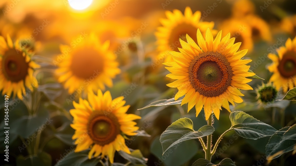 Fototapeta premium Golden sunflowers in a field at sunset.