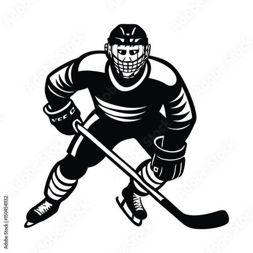 hockey player in action holding a hockey stick. Dynamic pose and determined facial expression highlight themes of athleticism