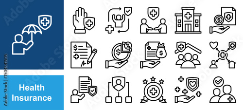 WebHealth insurance icon set with premium, coverage, policyholder, deductible, copayment, claim, provider, network and benefit.